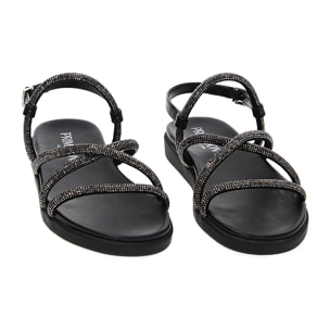 Sandalias bajas negras de tela con piedras