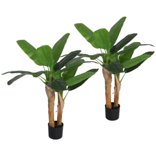 Lot de 2 plantes artificielles bananiers H.120 cm - grand réalisme - 15 feuilles - mousse effet lichen pots inclus