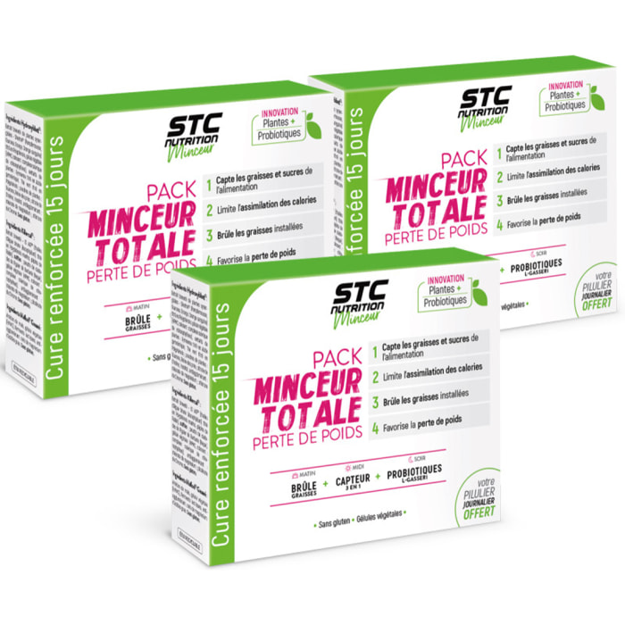 Pack Minceur Totale - Cure Perte de Poids 3 en 1 - Brûle & Déstocke les graisses installées - Convient aux Vegan - Actifs Naturels - Sans Gluten - Pilulier offert - Cure 15 jours- Lot de 3