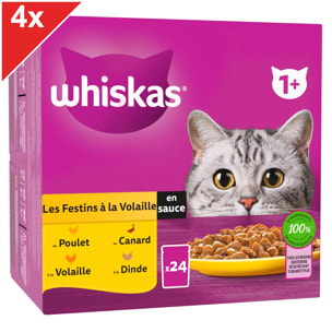 WHISKAS 96 Sachets fraîcheur en sauce 4 variétés volaille pour chat 85g (4x24)