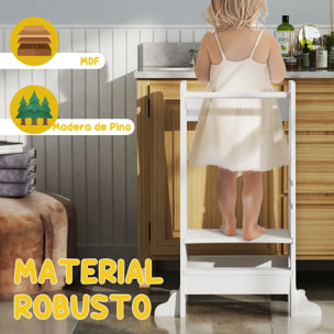 Torre de Aprendizaje Taburete de Aprendizaje para Niños de +3 Años con Pedal Altura Ajustable en 3 Niveles y Barrera de Seguridad para Baño Cocina 45x47,5x91 cm Blanco
