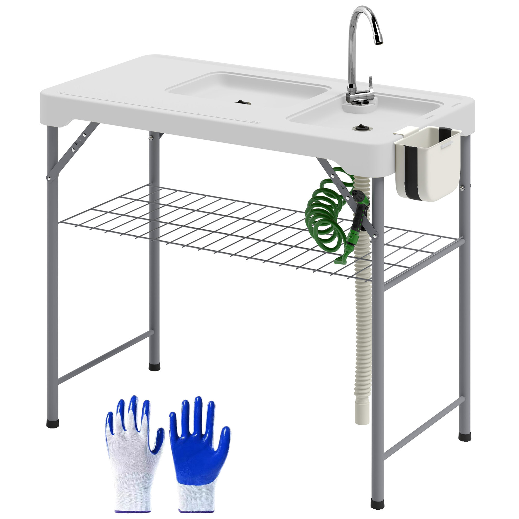 Mesa para Limpiar Pescado Portátil Mesa Plegable para Camping con 2 Fregaderos Manguera de Drenaje Estación de Limpieza y Grifo para Pesca Barbacoa Blanco
