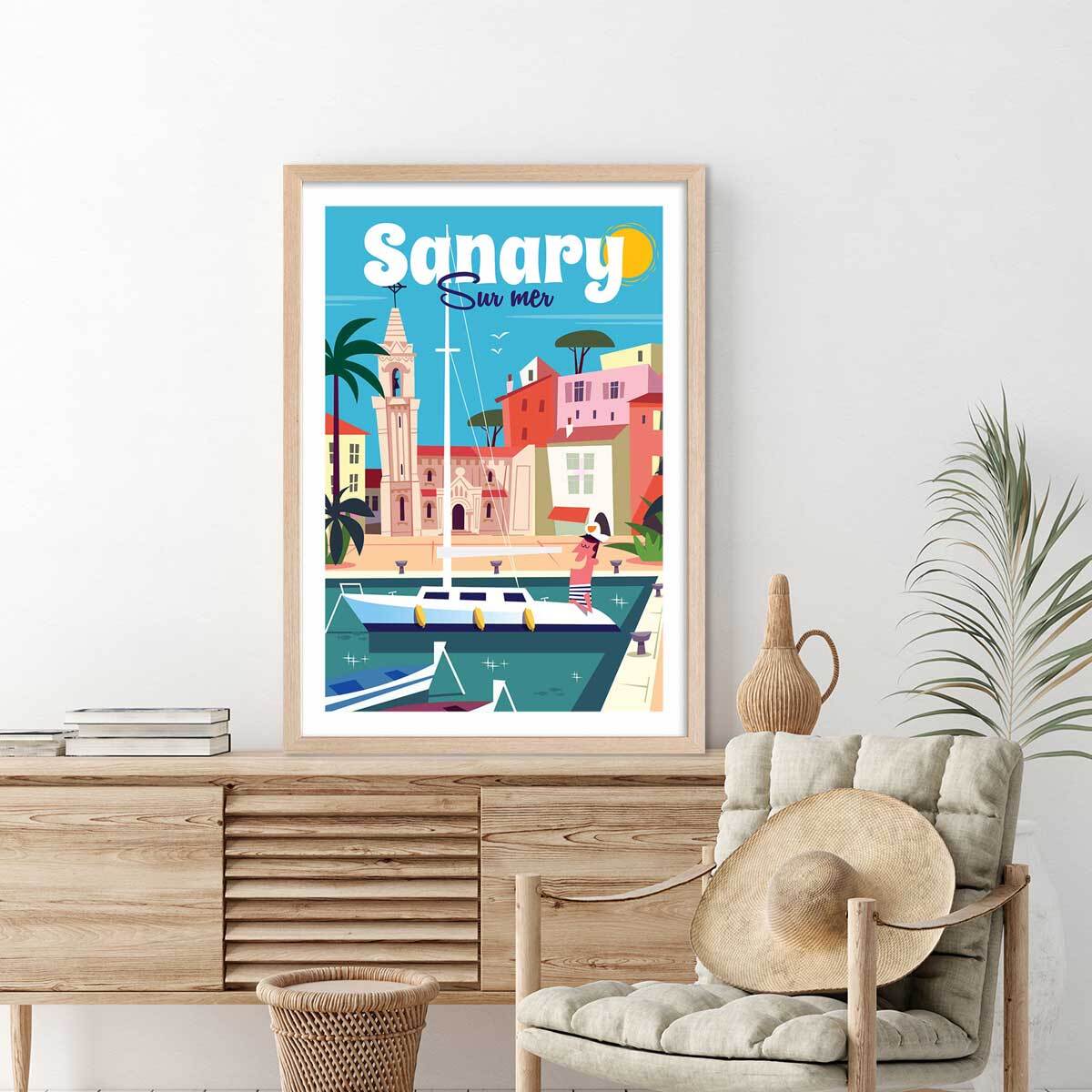 Affiche Vacances à Sanary Affiche + cadre en bois - Chêne