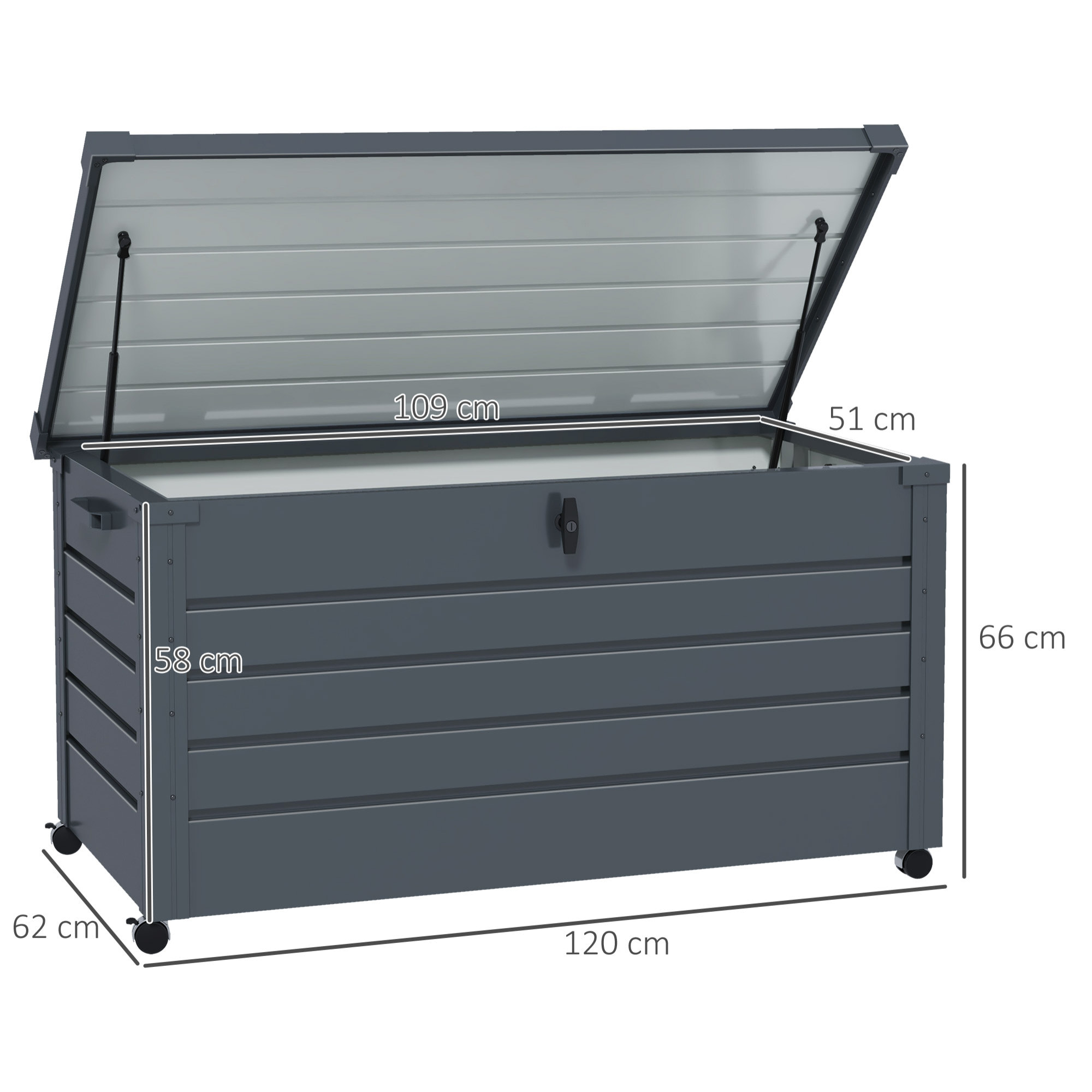 Arcón Exterior Capacidad 311L, Baúl de Almacenaje de Acero Galvanizado con 4 Ruedas, 2 Asas y Tapa con Cerradura, Impermeable, para Jardín, Terraza, Patio, 120x62x66 cm, Gris Oscuro
