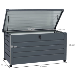 Arcón Exterior Capacidad 311L, Baúl de Almacenaje de Acero Galvanizado con 4 Ruedas, 2 Asas y Tapa con Cerradura, Impermeable, para Jardín, Terraza, Patio, 120x62x66 cm, Gris Oscuro