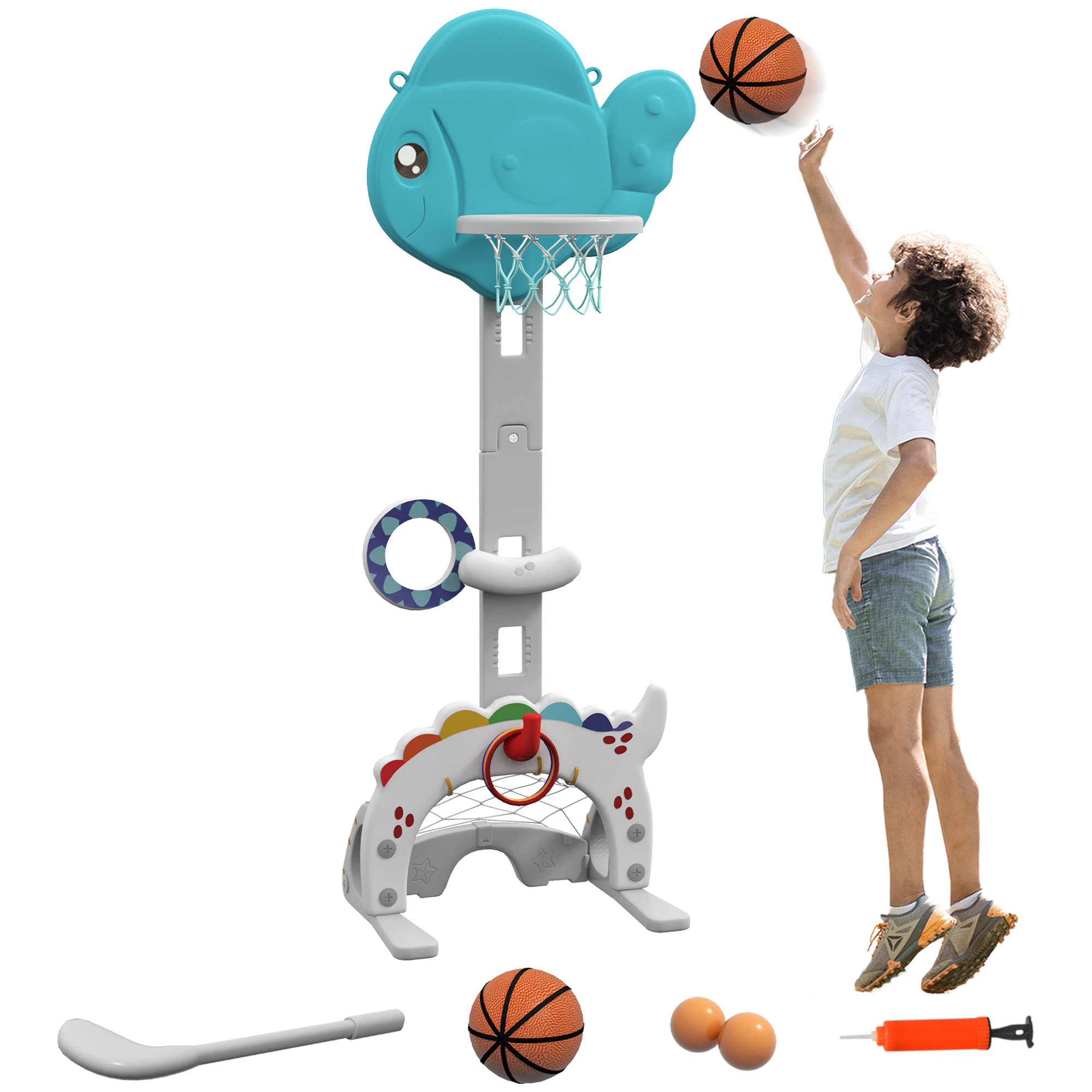 Canasta de Baloncesto Infantil 5 en 1 Canasta de Baloncesto para Niños Altura Ajustable con Temática de Pez Dorado Fútbol ​​Golf Anilla Juego de Lanzamiento de Pelota para Interior Multicolor