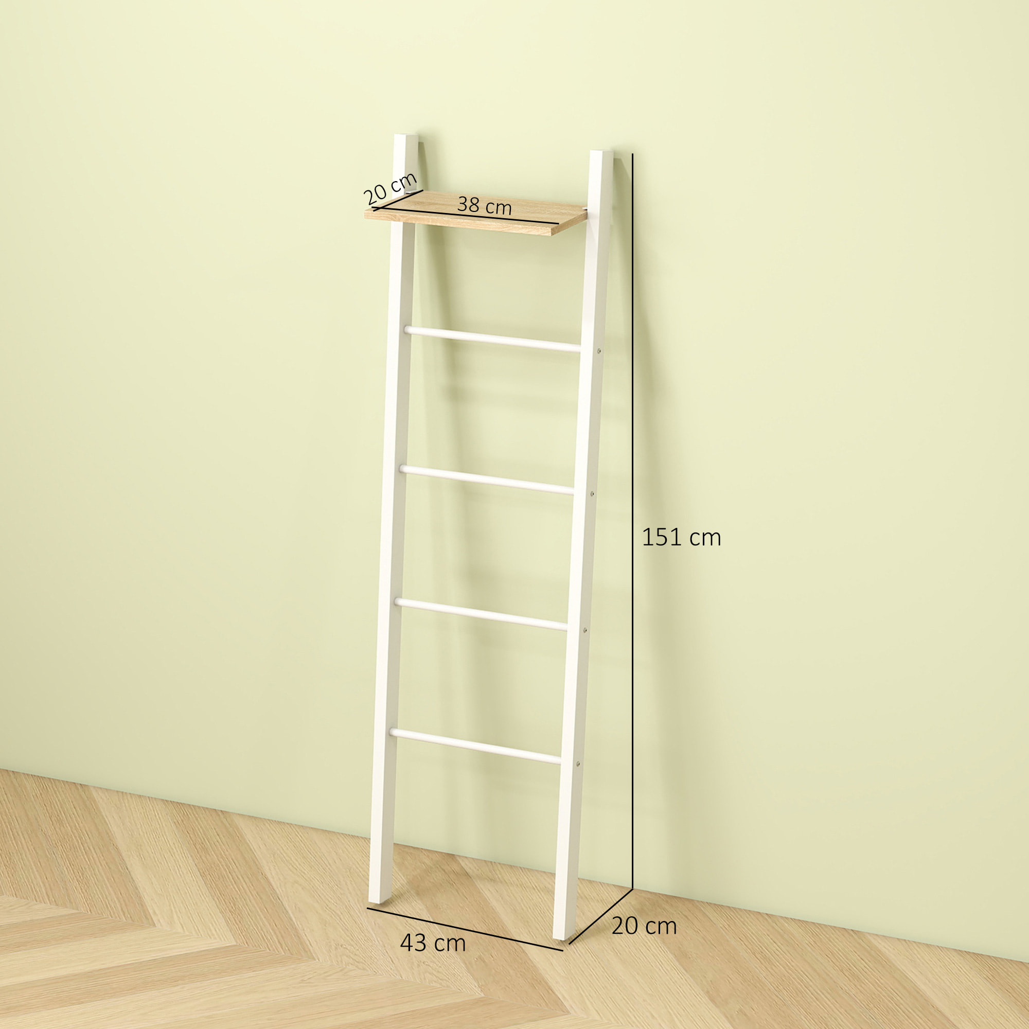 Toallero Escalera con Estante Superior y 4 Barras, Toallero de Baño para Apoyar en Pared, Estantería de Escalera Inclinada, para Dormitorio, Salón, 43x20x151 cm, Blanco y Roble