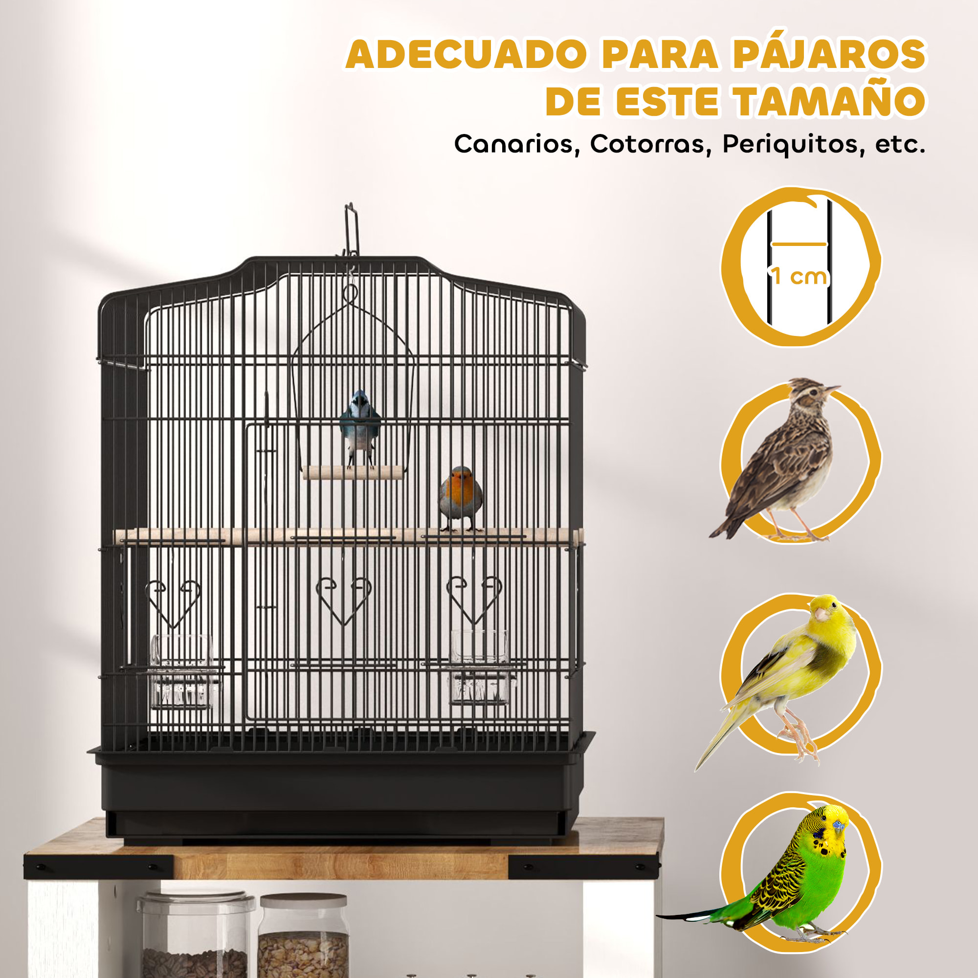 Jaula para Pájaros 46,5x36x59 cm Pajarera de Acero con Puertas 2 Comederos 2 Perchas Columpio Bandeja Extraíble y Asa de Transporte para Loro Canario Periquito Negro