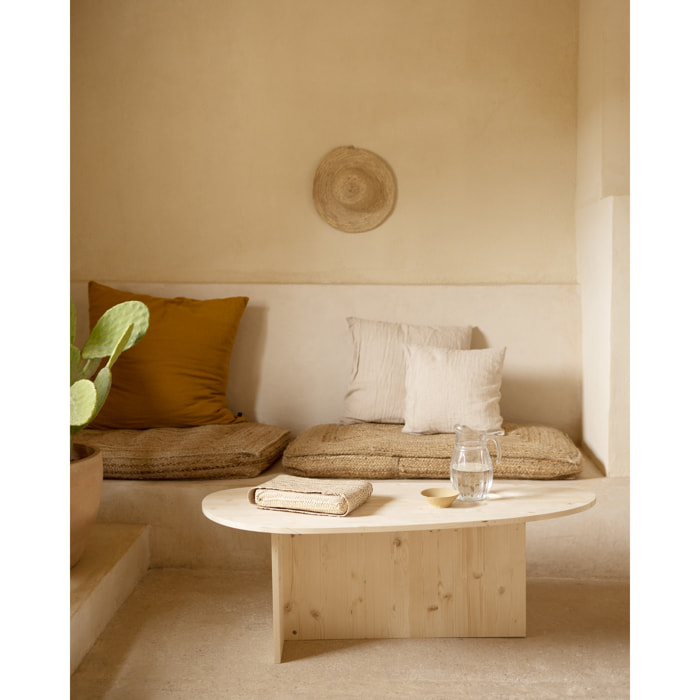 Table basse en bois massif ton naturel de 129cm Hauteur: 43.25 Longueur: 128.6 Largeur: 54.6