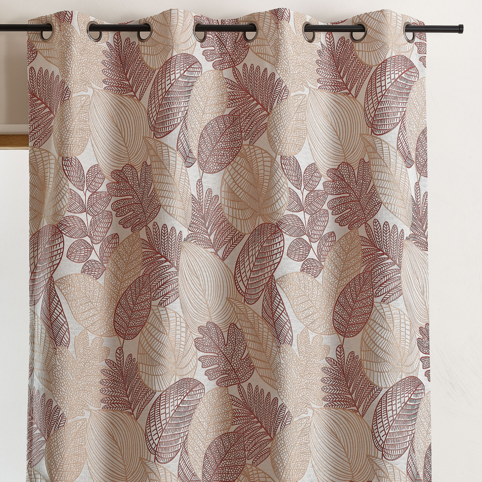 Rideau jacquard en poly-coton à motifs feuilles - Terracotta