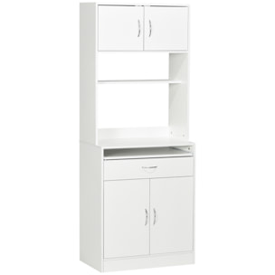 Alacena de Cocina Mueble Aparador Auxiliar con 4 Puertas Bandeja Extraíble Estante Ajustable Cajón y Encimera de Microondas Abierta 70x40x180 cm Blanco