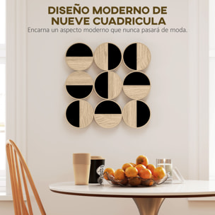 Cuadro Decorativo de Pared Geométrico, Adorno Moderno 3D de 60x60 cm, Escultura de Pared con Espejo de Plástico, Marco Metálico, para Salón, Dormitorio, Pasillo, Negro y Madera Natural
