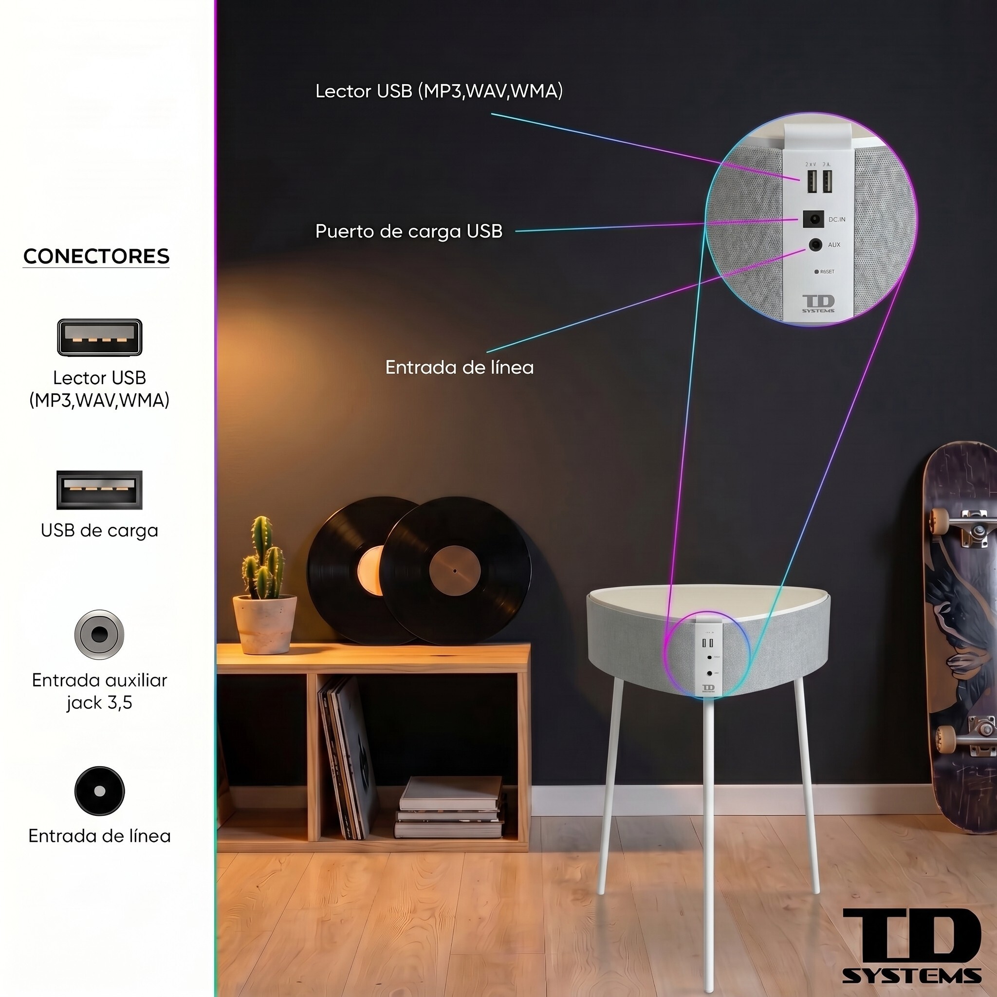 Mesa auxiliar altavoz portátil con sonido de 20W, Bluetooth, Base de carga inalámbrica, batería de 2500mAh. Mesilla o mesita para dormitorio o sala de estar - TD Systems SM20B11PB [Blanco]