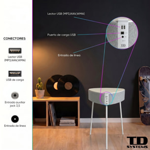 Mesa auxiliar altavoz portátil con sonido de 20W, Bluetooth, Base de carga inalámbrica, batería de 2500mAh. Mesilla o mesita para dormitorio o sala de estar - TD Systems SM20B11PB [Blanco]