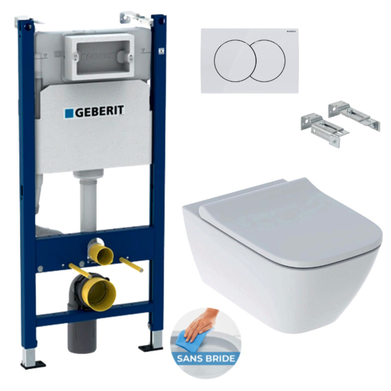 Pack WC Bati-support Geberit Duofix  + WC sans bride Geberit Smyle + Abattant softclose + Plaque blanche (SmyleGeb3)