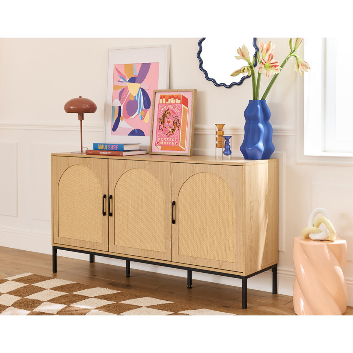 Nagato - buffet bas - cannage et effet bois - 3 portes - 150 cm - Bois / Noir