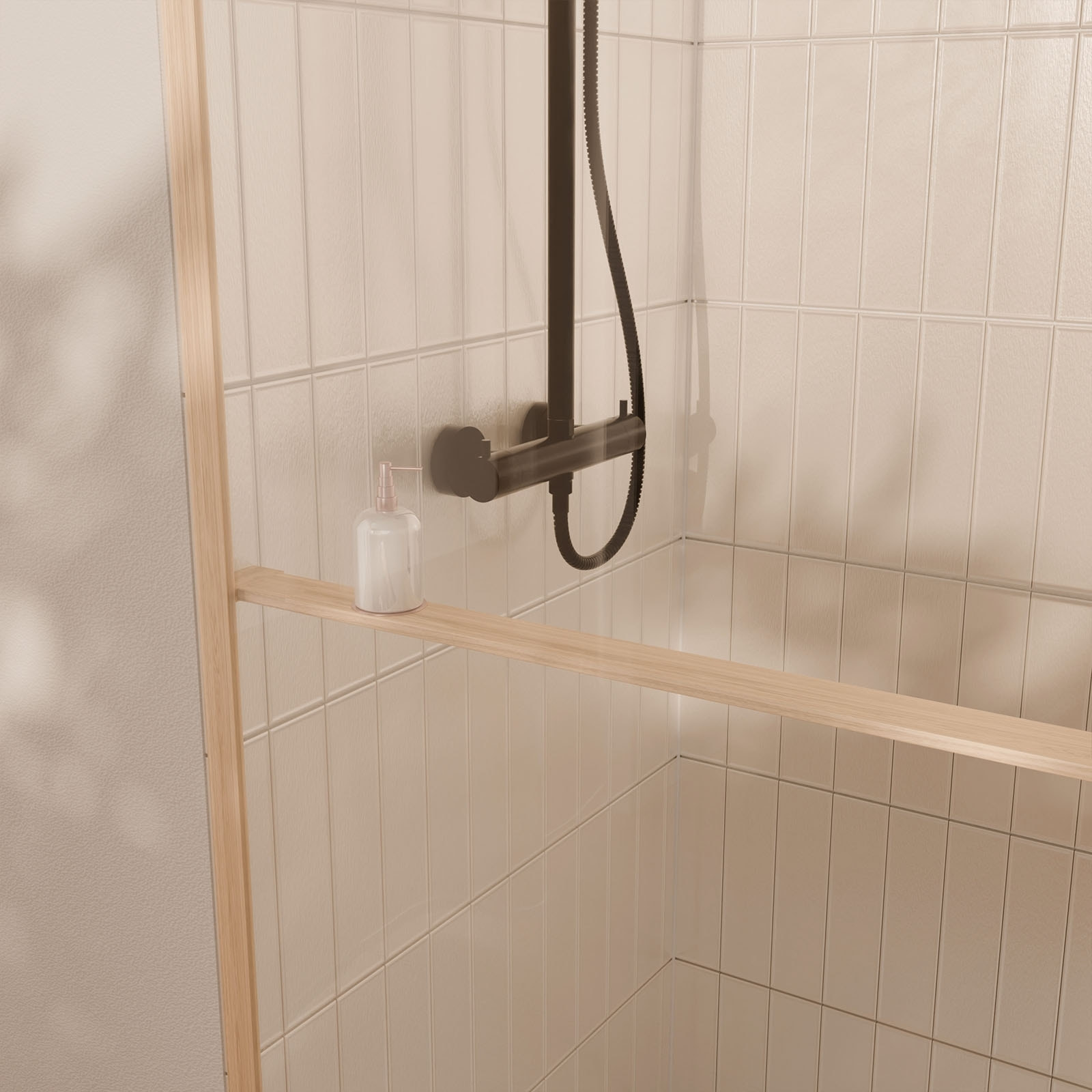 Paroi de douche 90x200cm - Cadre et étagère finition chêne clair - Verre 8mm anticalcaire - ETHAN