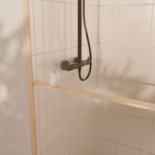 Paroi de douche 90x200cm - Cadre et étagère finition chêne clair - Verre 8mm anticalcaire - ETHAN