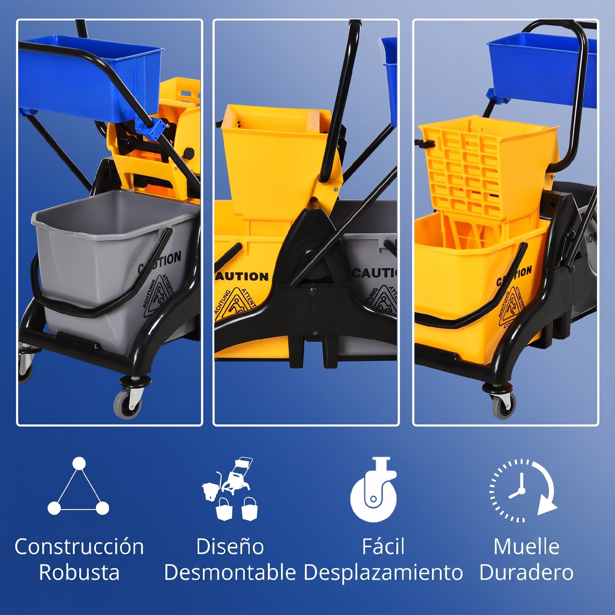 Cubo de Fregona con Ruedas, 26 L, Cubo de Fregar con Sistema de Escurridor de Presión Lateral, Asa de Transporte y Doble Cubetas Separadas para Doméstico y Comercial, Amarillo y Azul