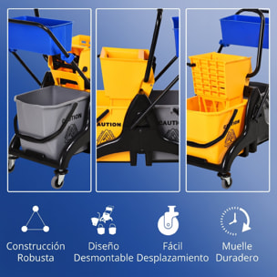 Cubo de Fregona con Ruedas, 26 L, Cubo de Fregar con Sistema de Escurridor de Presión Lateral, Asa de Transporte y Doble Cubetas Separadas para Doméstico y Comercial, Amarillo y Azul