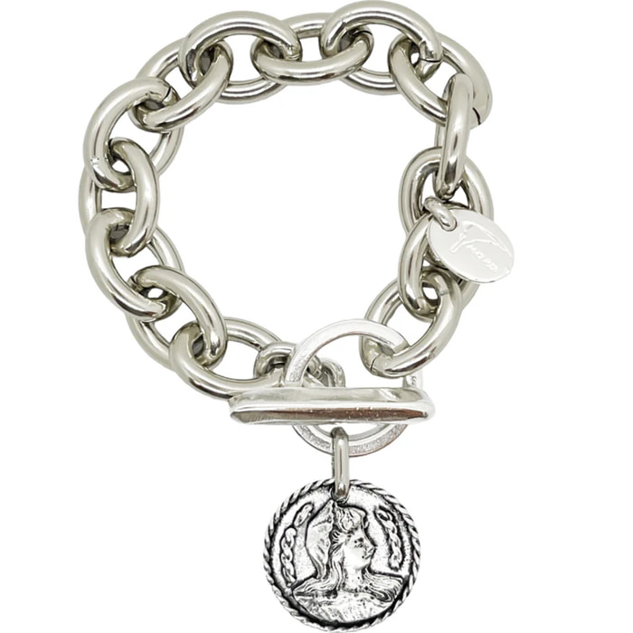 Pulsera en cadena con moneda Camp antigua en plata