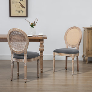Lot de 2 chaises de salle à manger - chaise de salon médaillon style Louis XVI - bois massif sculpté, patiné - dossier cannage - aspect lin gris