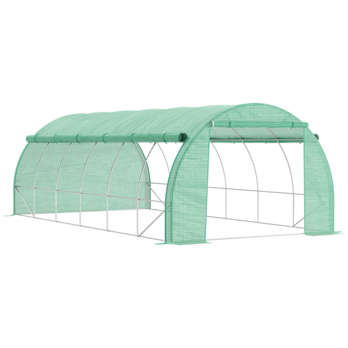 Serre de jardin 18 m² porte parois latérales zippées enroulables 8 fenêtres acier PE haute densité vert