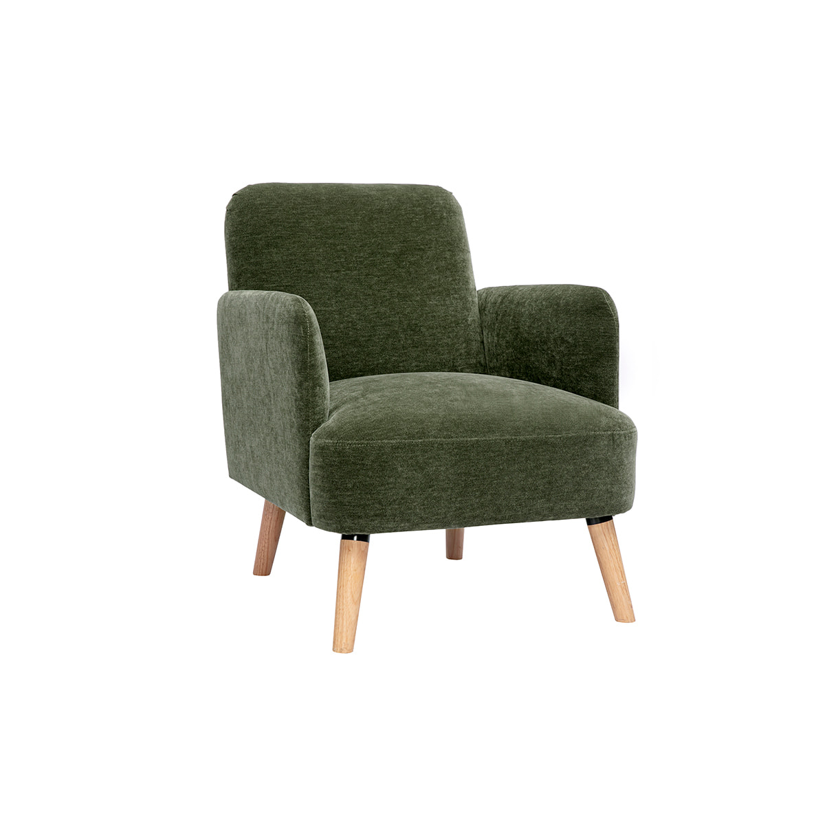 Fauteuil scandinave en tissu effet velours vert kaki et bois clair ISKO