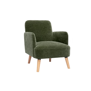 Fauteuil scandinave en tissu effet velours vert kaki et bois clair ISKO