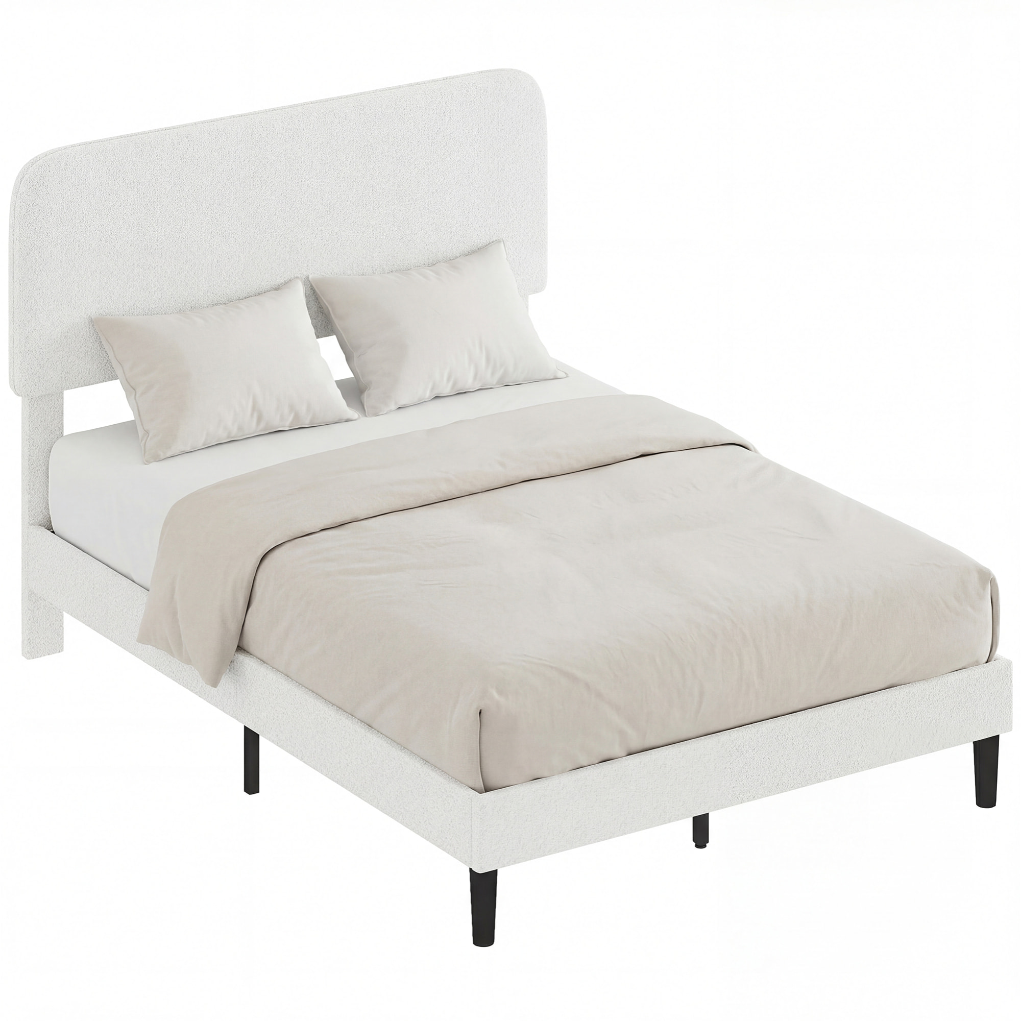 Cama Tapizada en Borreguito, 135x190 cm, Cama Matrimonio con Cabecero Ajustable en Altura, Listones de Madera, Blanco