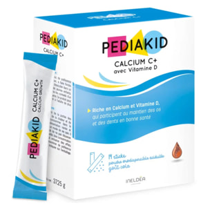 PEDIAKID - Calcium C+ et Vitamine D - Complément Alimentaire Naturel - Couvre 100% des AJR en Calcium - Maintien du Capital Osseux et Dentaire - Goût Cola - 14 Sticks de Poudre Orodispersible