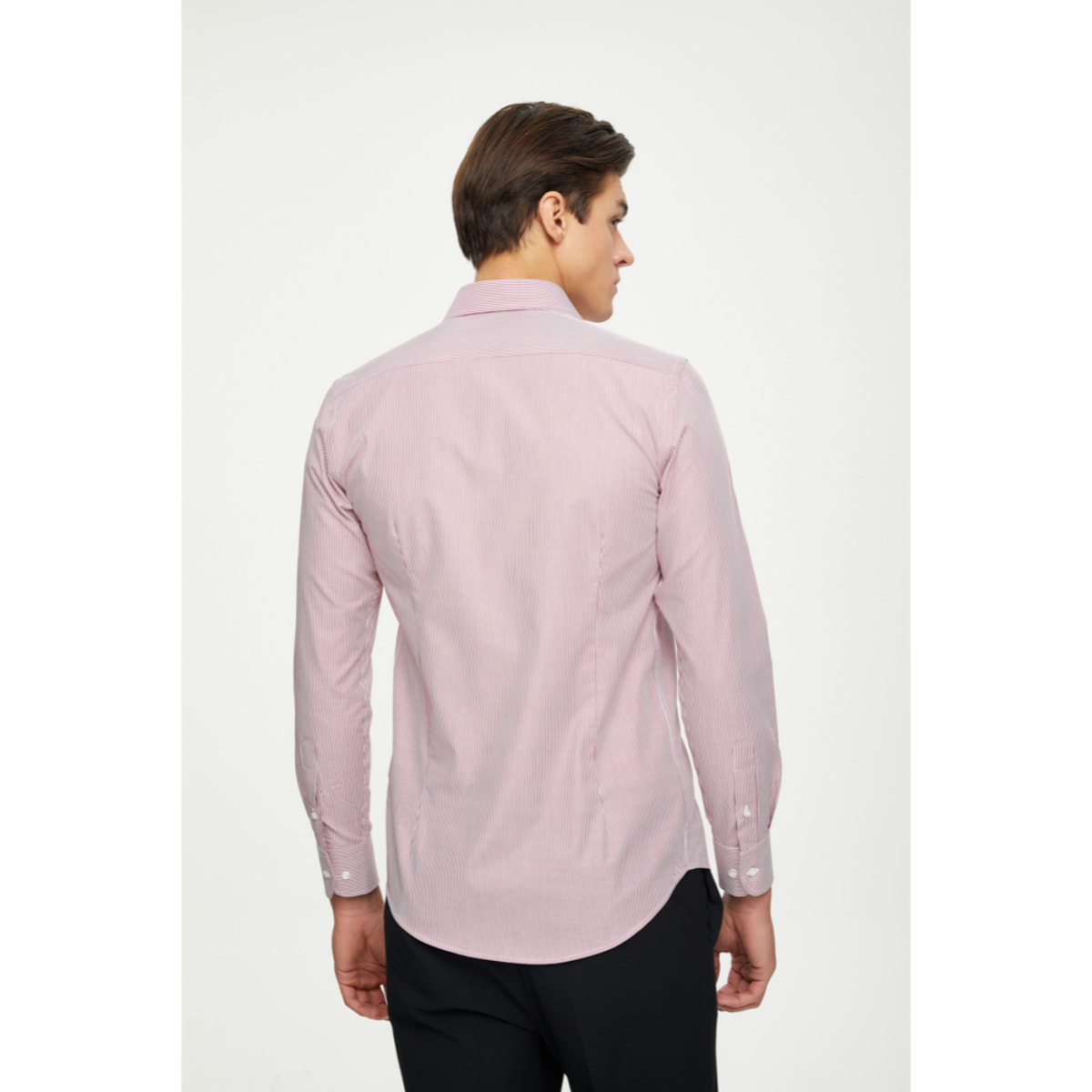 Camicia Uomo 1 Bottone Francese Slim Cotone Riga Stretta Rosso Bordeaux/Bianco