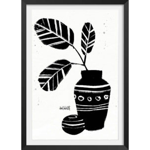 Illustration Botanique et Poterie azteque Affiche + cadre en bois - Noir