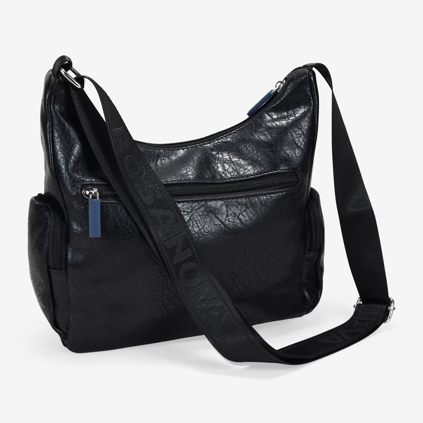 Bolso bandolera negro con cremalleras azules