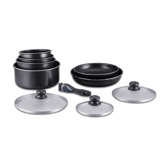 Batterie de cuisine revêtement pierre avec manche amovible 10 pieces noir Herzberg HG5000-BK