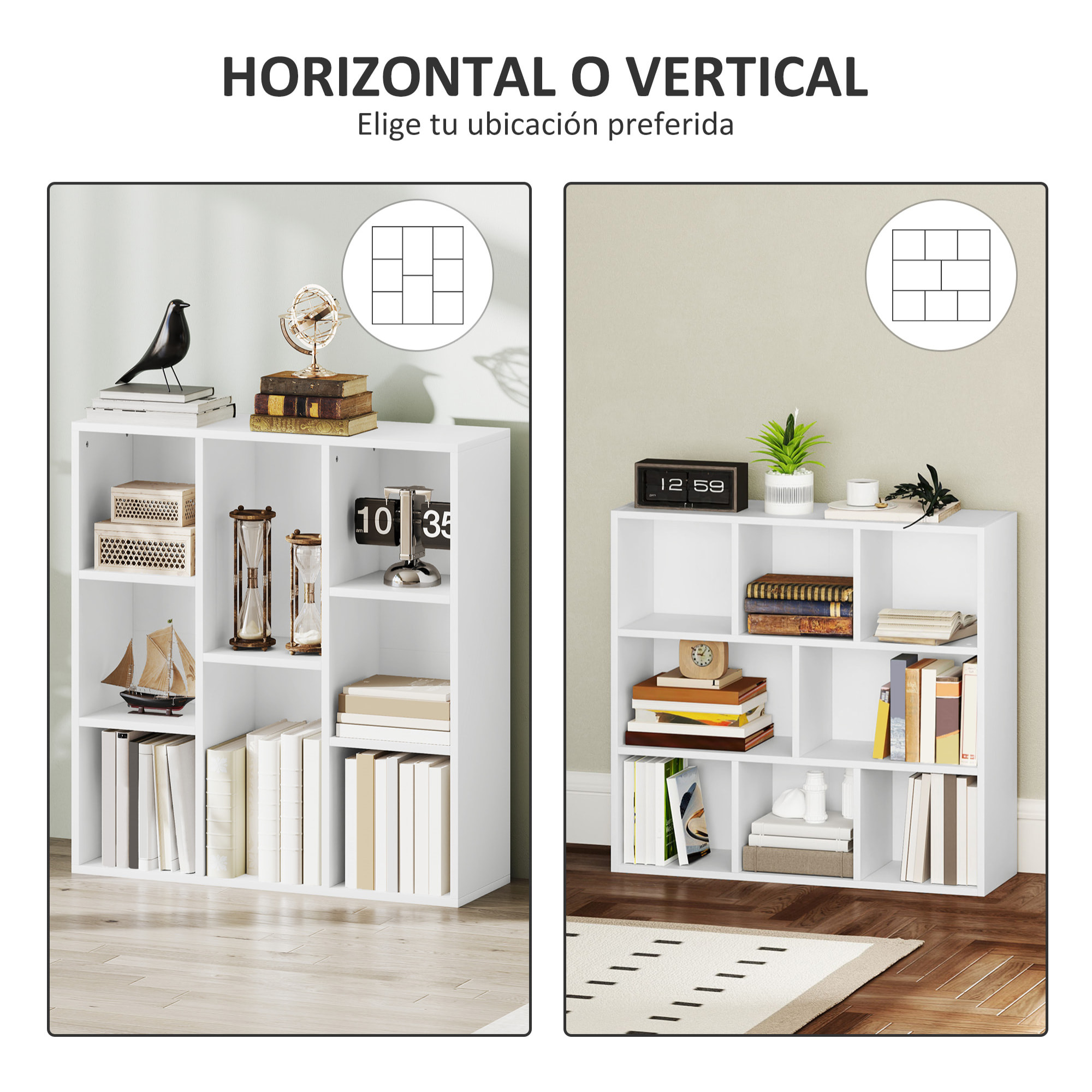 Librería de 3 Niveles Estantería de Libros con 8 Compartimentos Diseño Vertical u Horizontal para Sala de Estar Oficina Dormitorio 74,3x24x80 cm Blanco