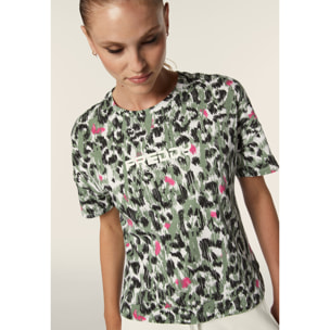 T-shirt donna comfort fit corta maculata con spacchi