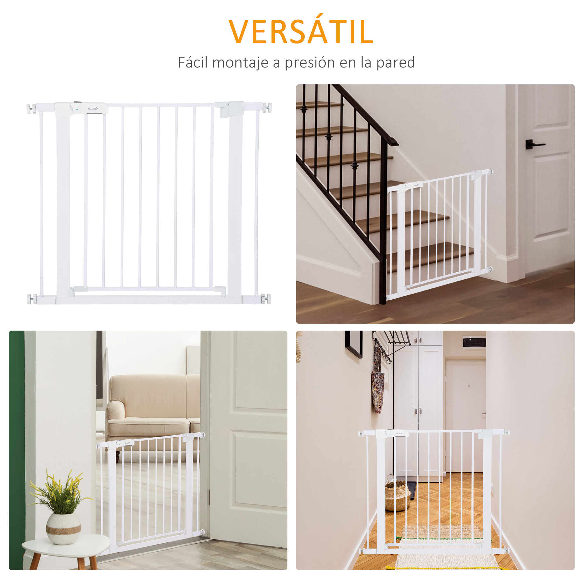 Barrera de Seguridad de Perros Extensible para Escaleras y Puertas 75-96 cm con 2 Extensiones de 7 cm Cierre Automático y Marco de Acero Altura 76 cm Blanco