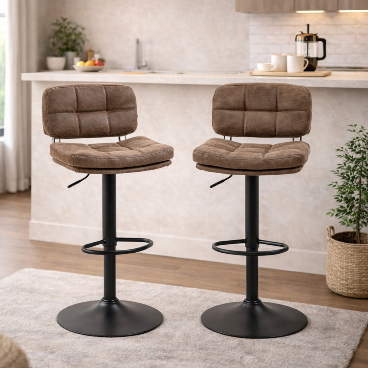 Lot de 2 tabourets de bar – Style vintage – Capitonnés, réglables et pivotants