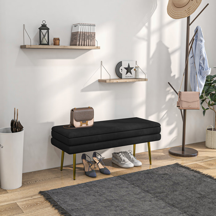 Banquette coffre de rangement 2 en 1 piètement effilé incliné acier doré velours noir