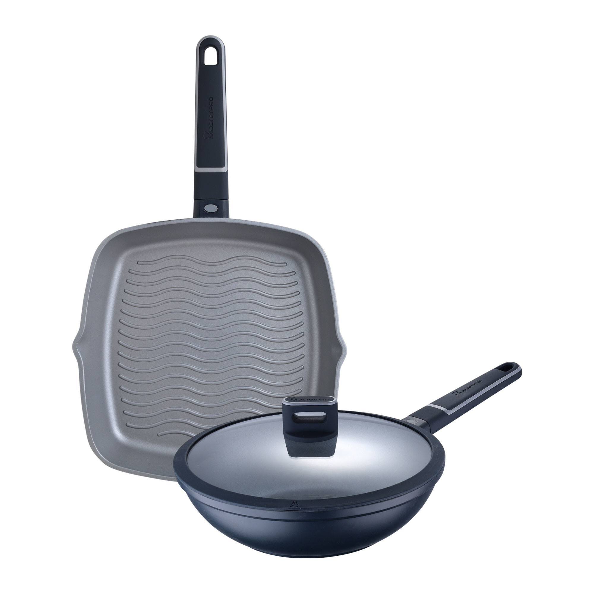 Juego de Sartén Grill 28x28x5,5cm + Wok Ø28x8cm en Aluminio fundido con tapa - Aptas para inducción - INDIGO MasterPRO