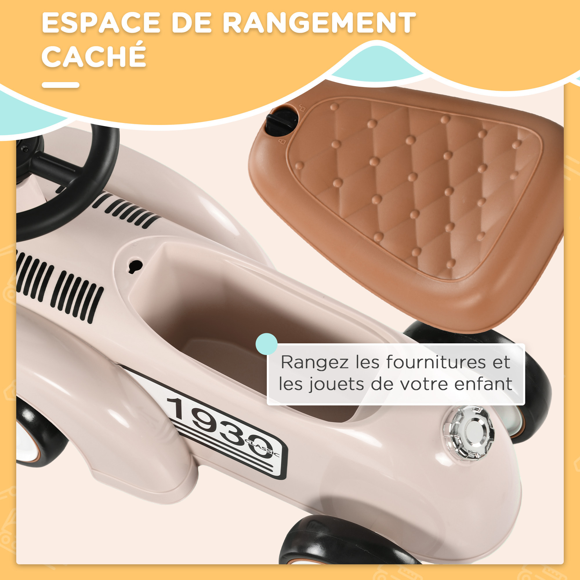 Porteur enfant voiture de collection rétro coffre butée arrière anti-basculement klaxon beige