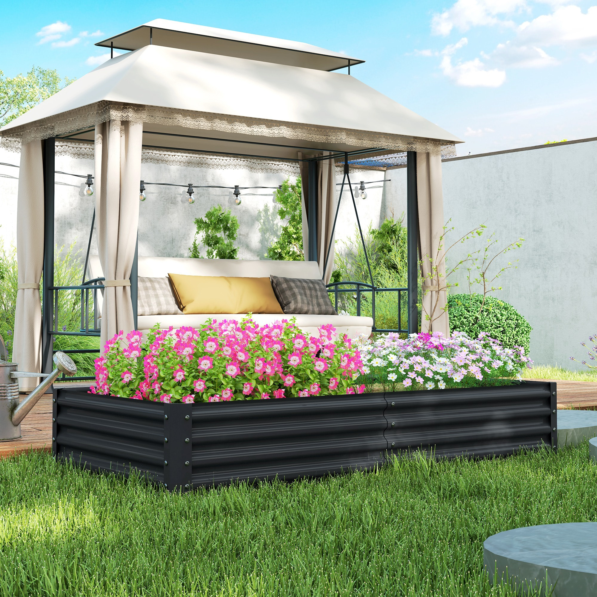 Jardinera Elevada de Acero Galvanizado Huerto Urbano para Cultivar Plantas Flores Hierba Macetero Grande Exterior Rectangular con Fondo Abierto 180x90x30 cm Gris Oscuro