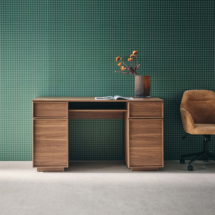 Bureau effet bois noyer 2 portes 2 tiroirs 1 niche 140cm - L 140 x P 55 x H 77cm - Kuba