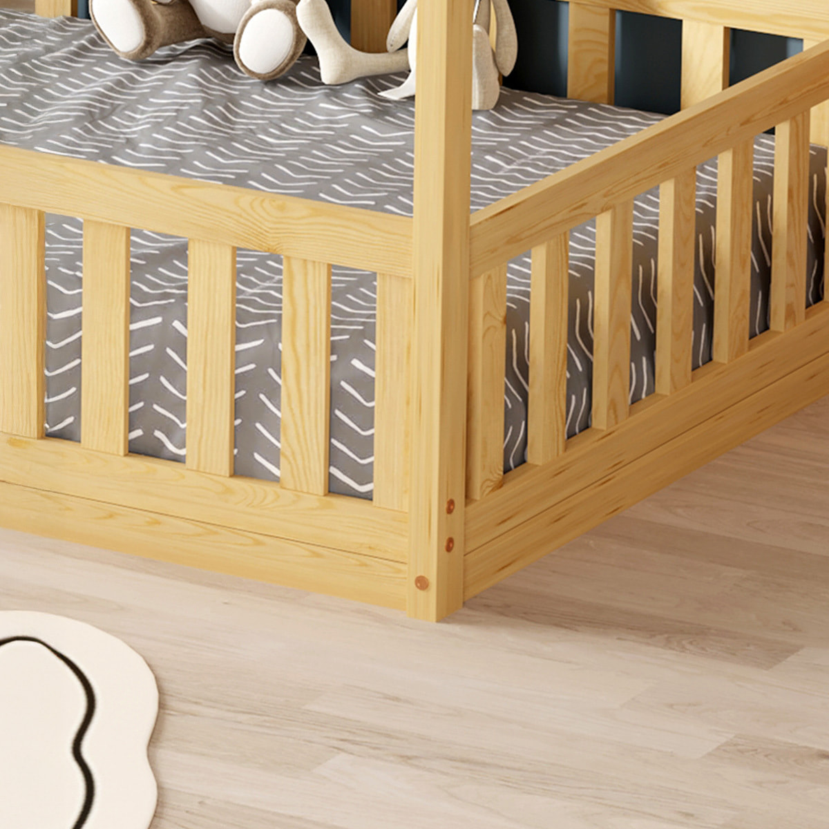 Lit Cabane Nid enchanté 90 x 190 cm, Couleur Bois, Bois de Pin naturel, Barrières latérales de sécurité, Favorise l'imagination