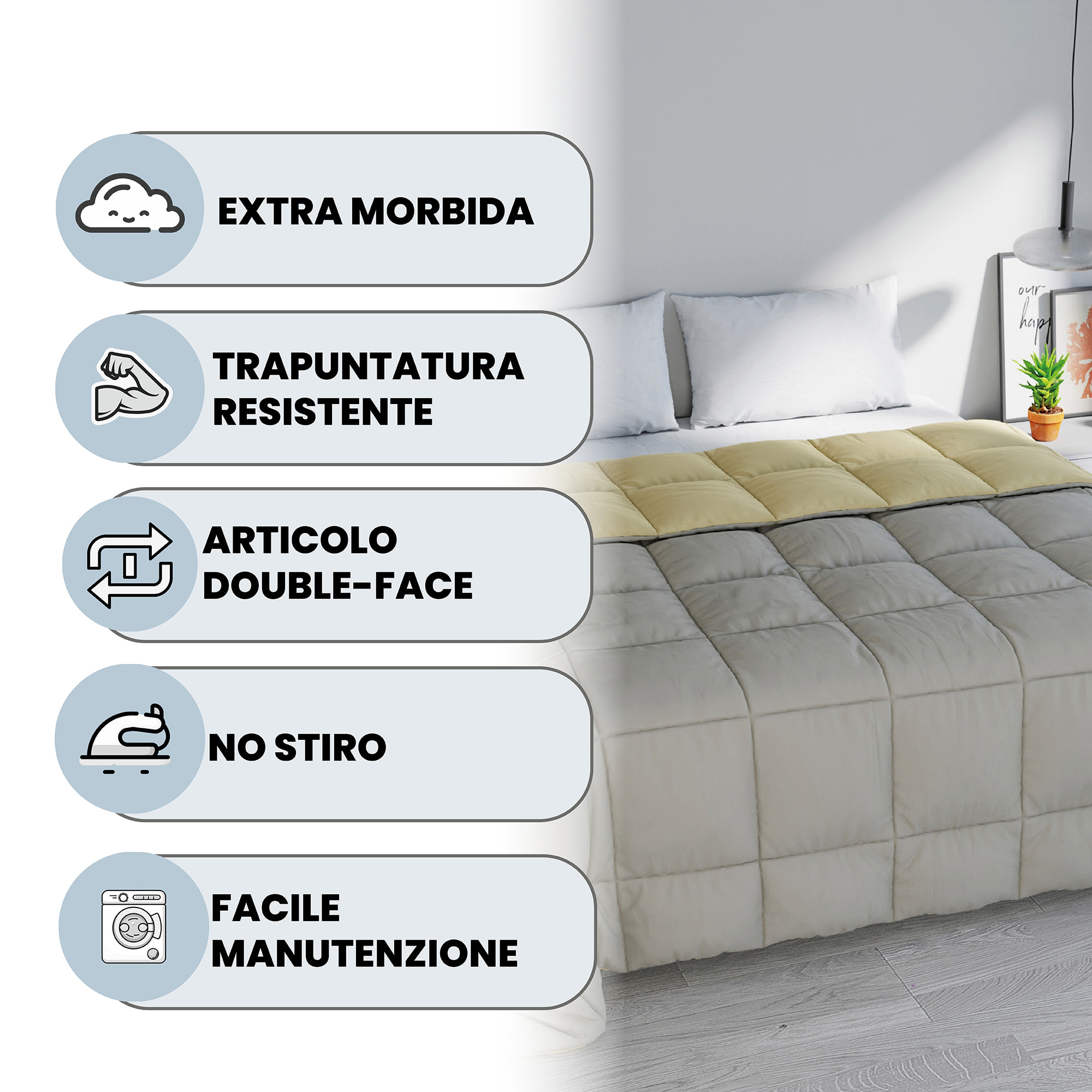 TRAPUNTA INVERNALE ELEGANT, 300gr, Microfibra, Doubleface, Made in Italy - GRIGIO CHIARO/PANNA
