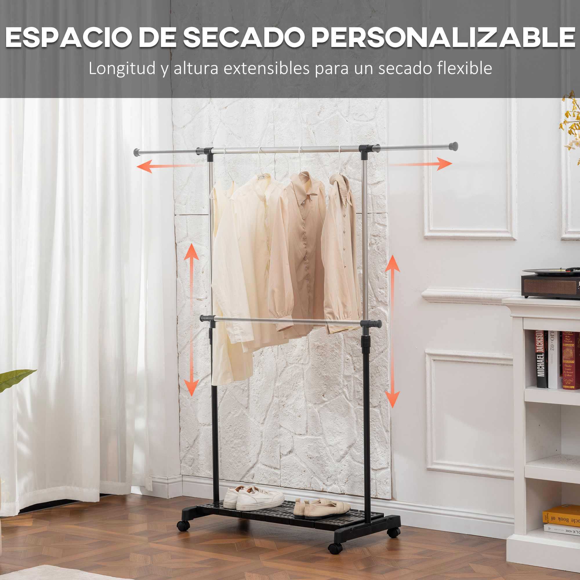 Tendedero Extensible con Ruedas, Tendedero de Ropa con Barra de Acero Inoxidable y Estante para Zapatos, Altura Ajustable, para Interior, Negro y Plata