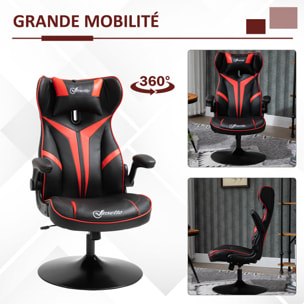 Fauteuil gaming base ronde métal pivotante 360° hauteur réglable tétière accoudoirs relevables PVC rouge noir