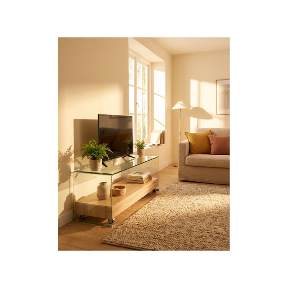 Meuble TV en verre trempé transparent avec étagère en bois - GLASS