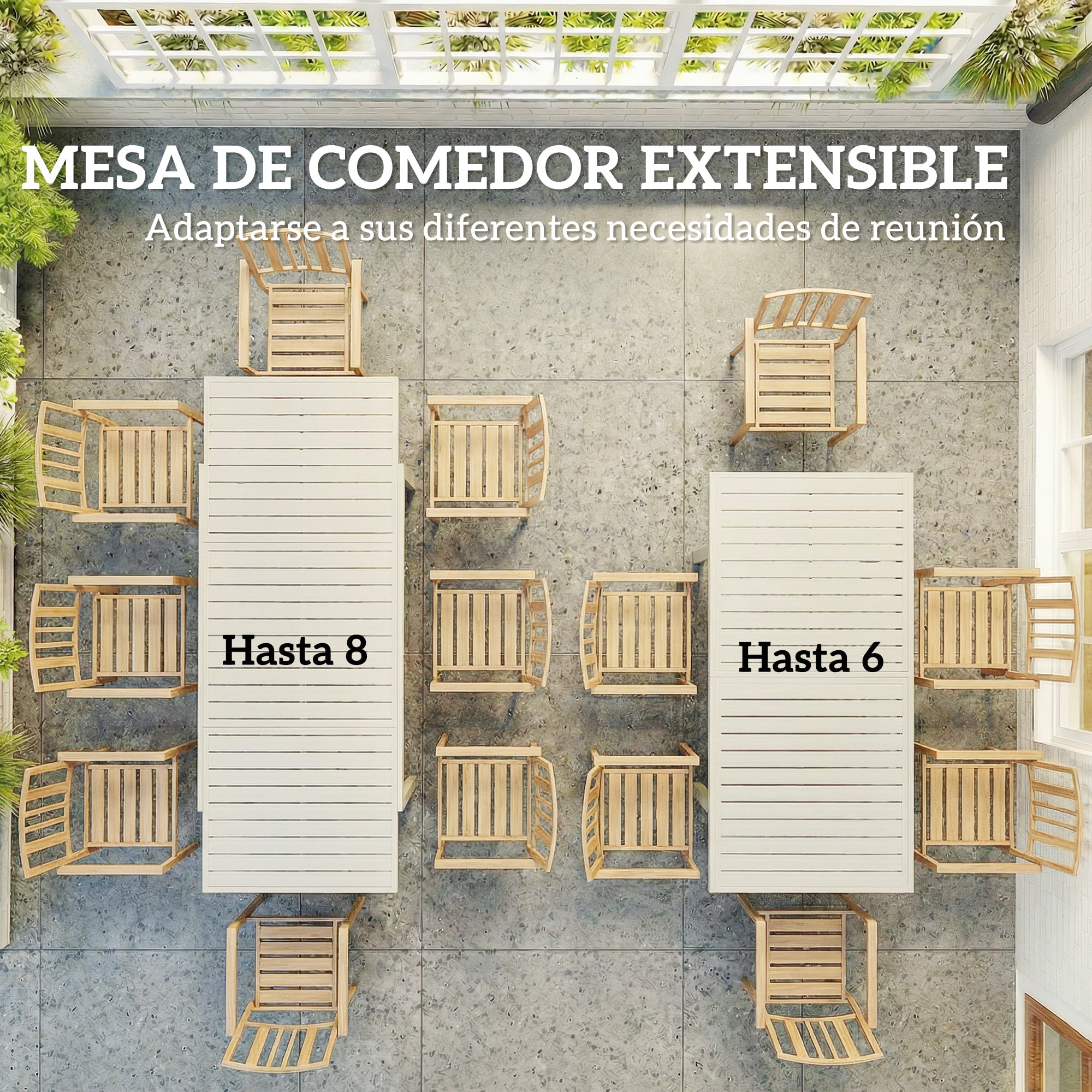 Mesa de Jardín Extensible 150/225x85x75 cm, Mesa de Comedor Exterior Extensible Rectangular de Aluminio, con Tablero de Listones para 6-8 Personas, para Patio, Terraza, Blanco
